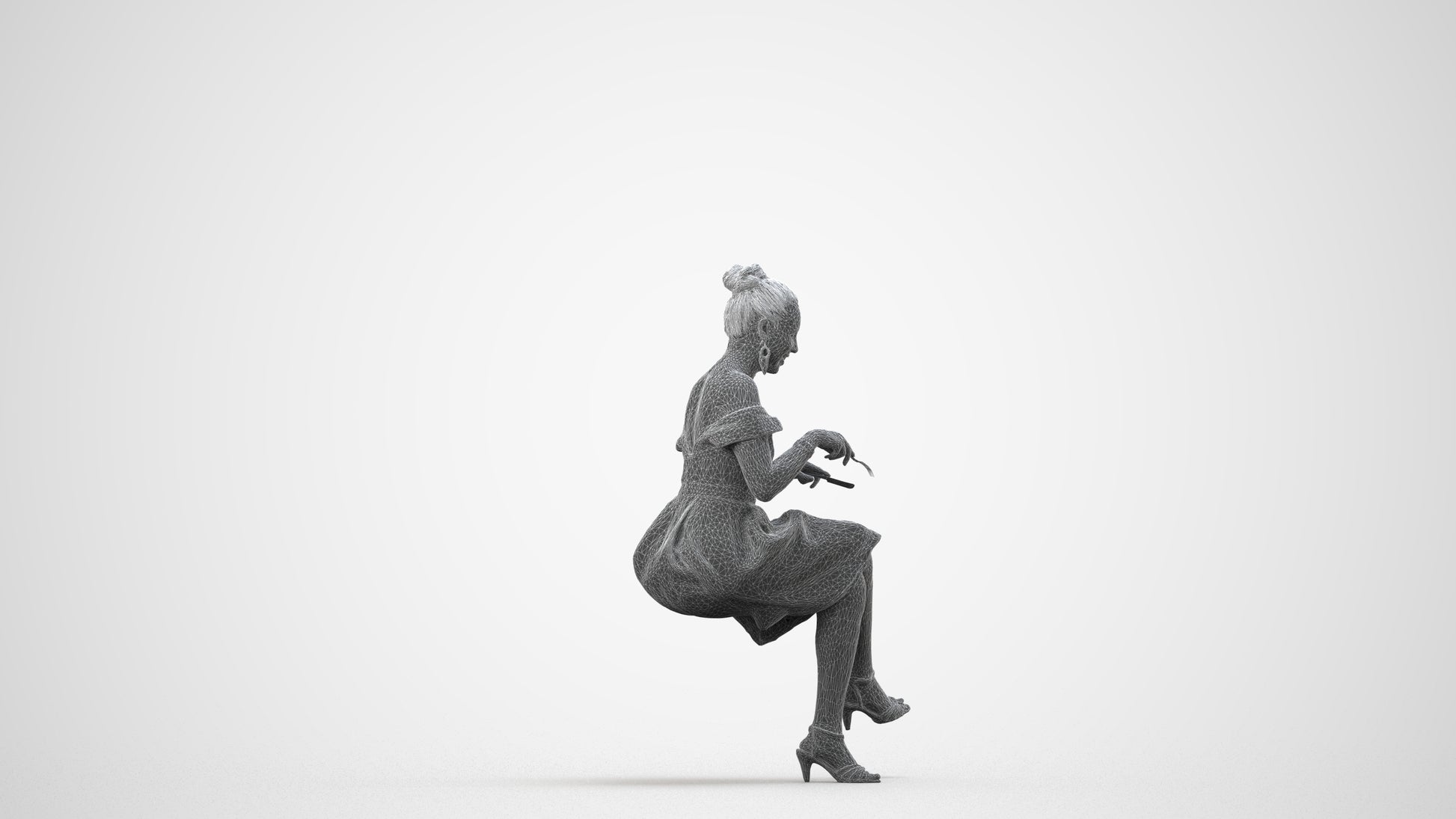 3D human model woman formal sitting, photogrammetry scanned person for archviz, wireframe side view