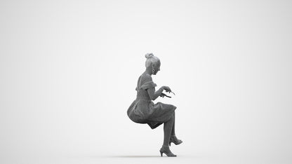 3D human model woman formal sitting, photogrammetry scanned person for archviz, wireframe side view