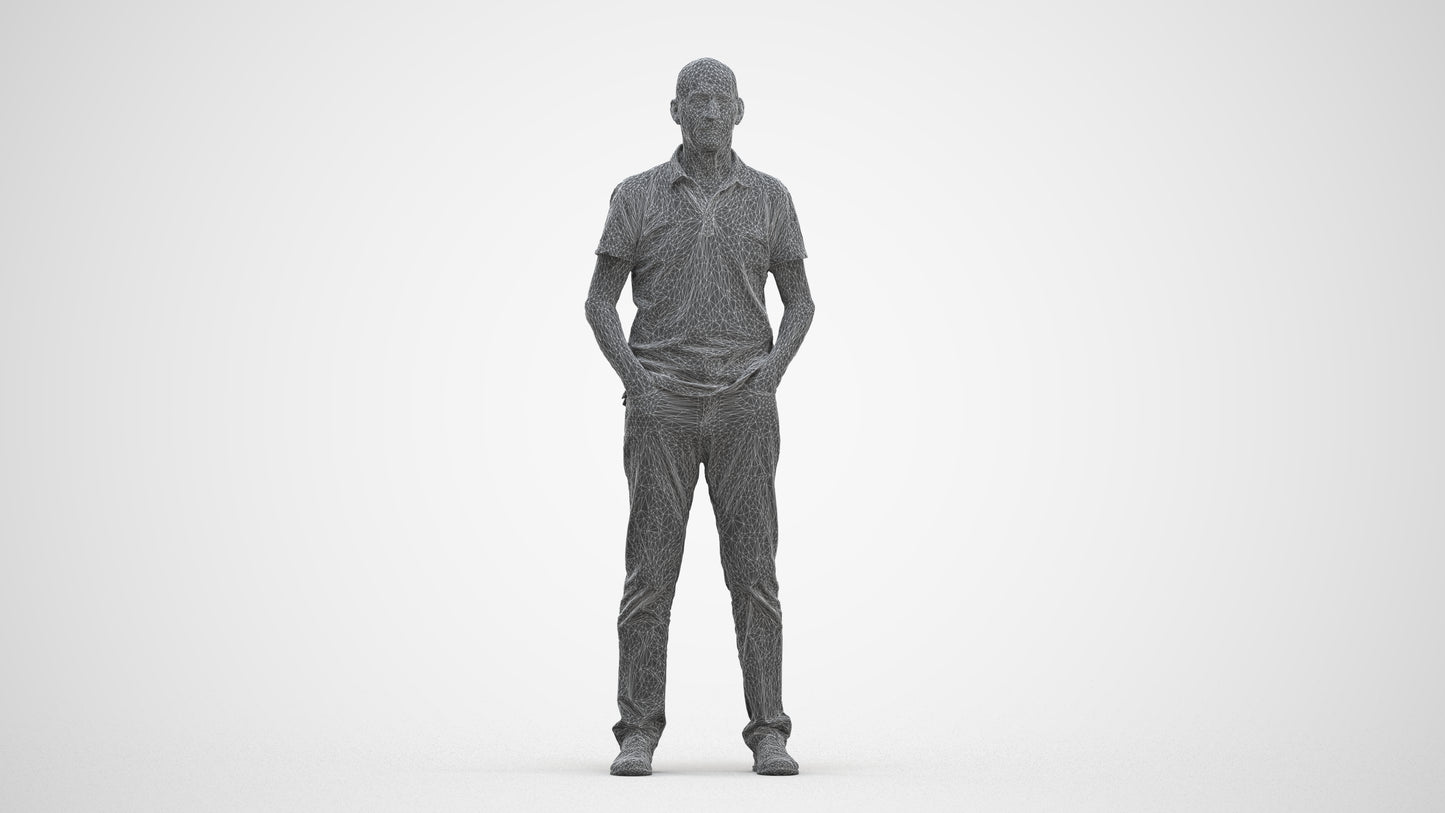 3D human model senior man casual standing, photogrammetry scanned person for archviz, three-quarter front view render