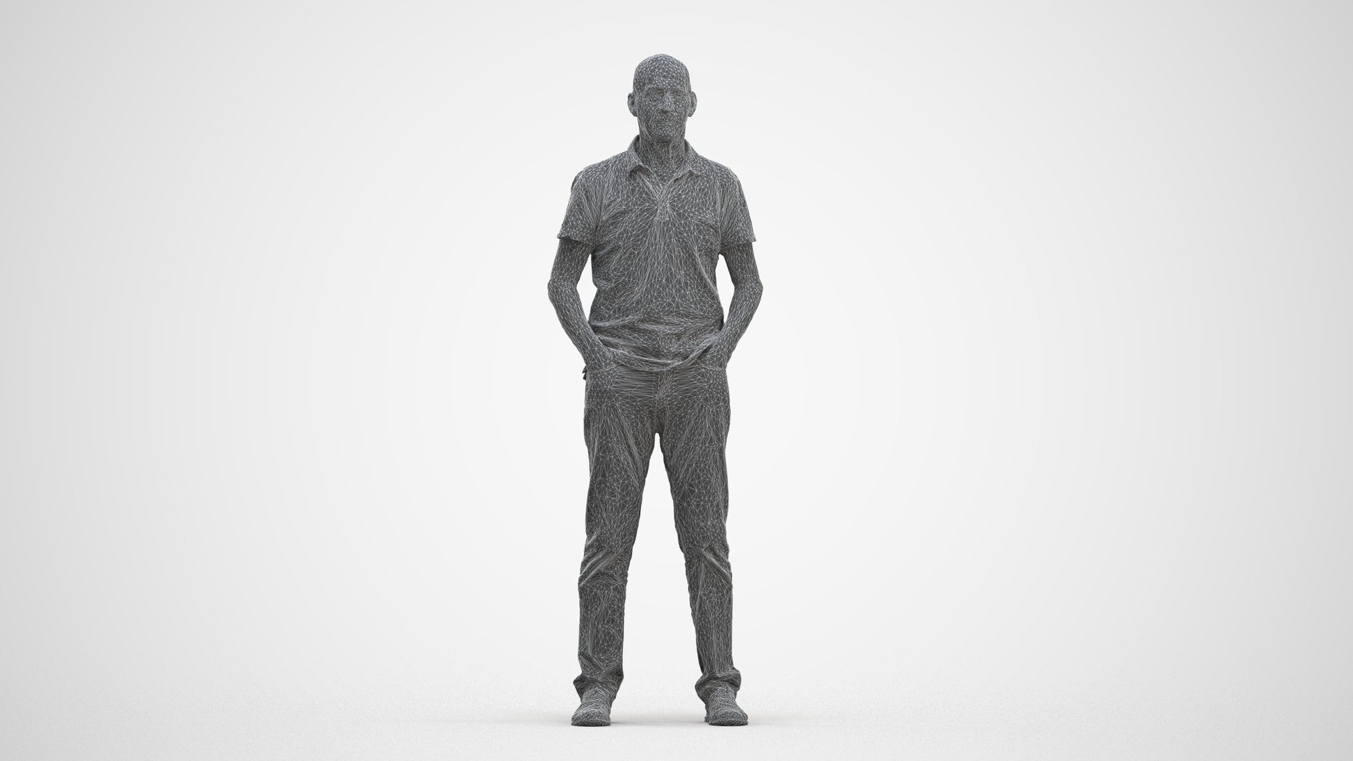 3D human model senior man casual standing, photogrammetry scanned person for archviz, three-quarter front view render
