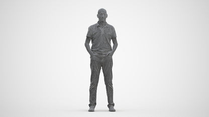 3D human model senior man casual standing, photogrammetry scanned person for archviz, three-quarter front view render