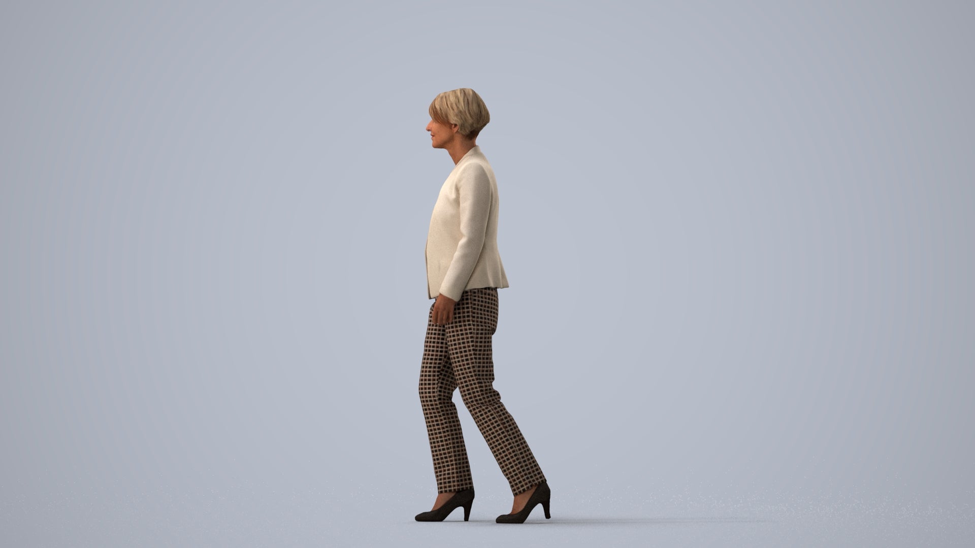 3D people model senior woman business walking, scanned human for 3ds Max rendering, three-quarter view render
