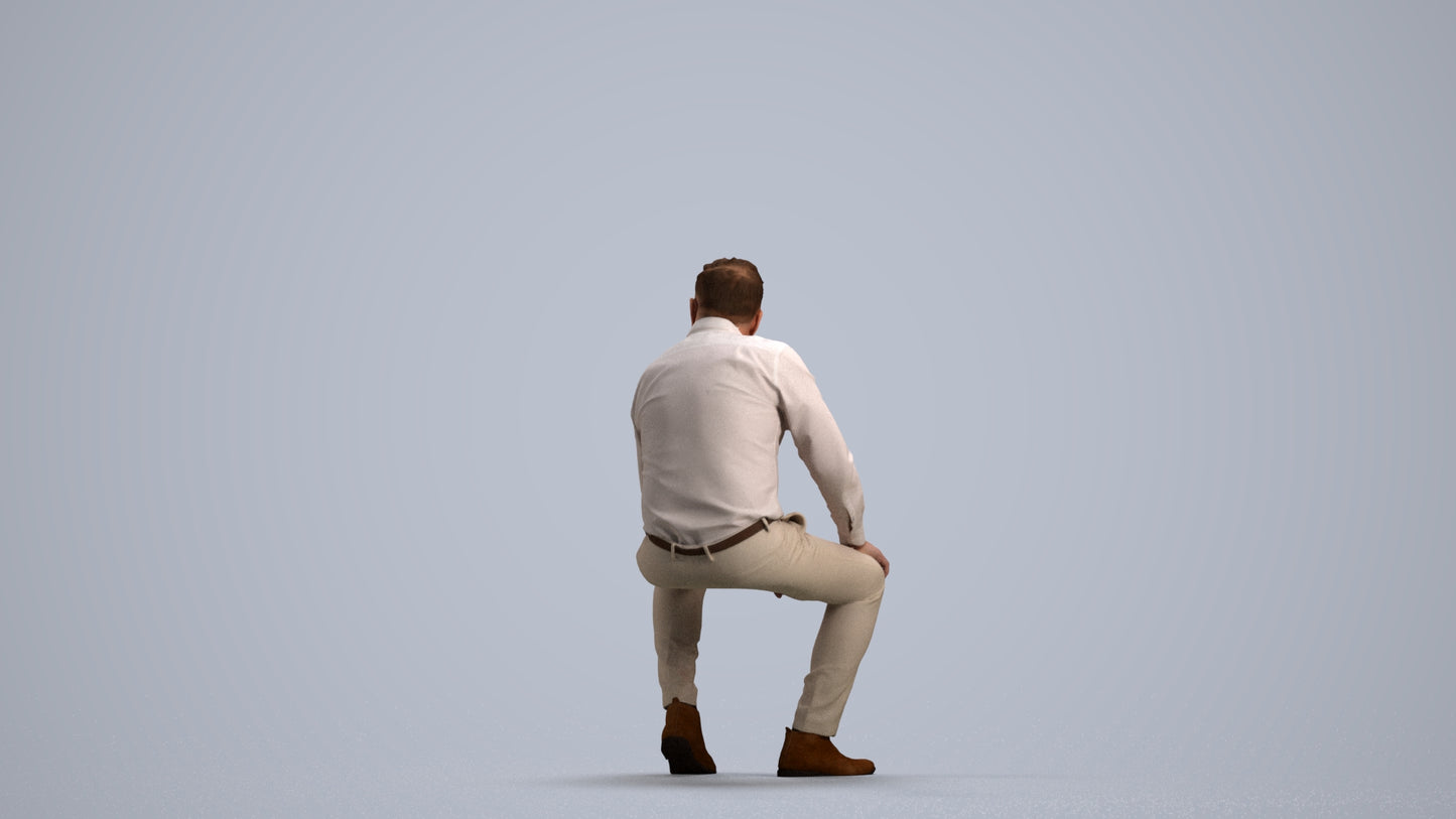3D people model man casual sitting, scanned human for 3ds Max rendering, front view render