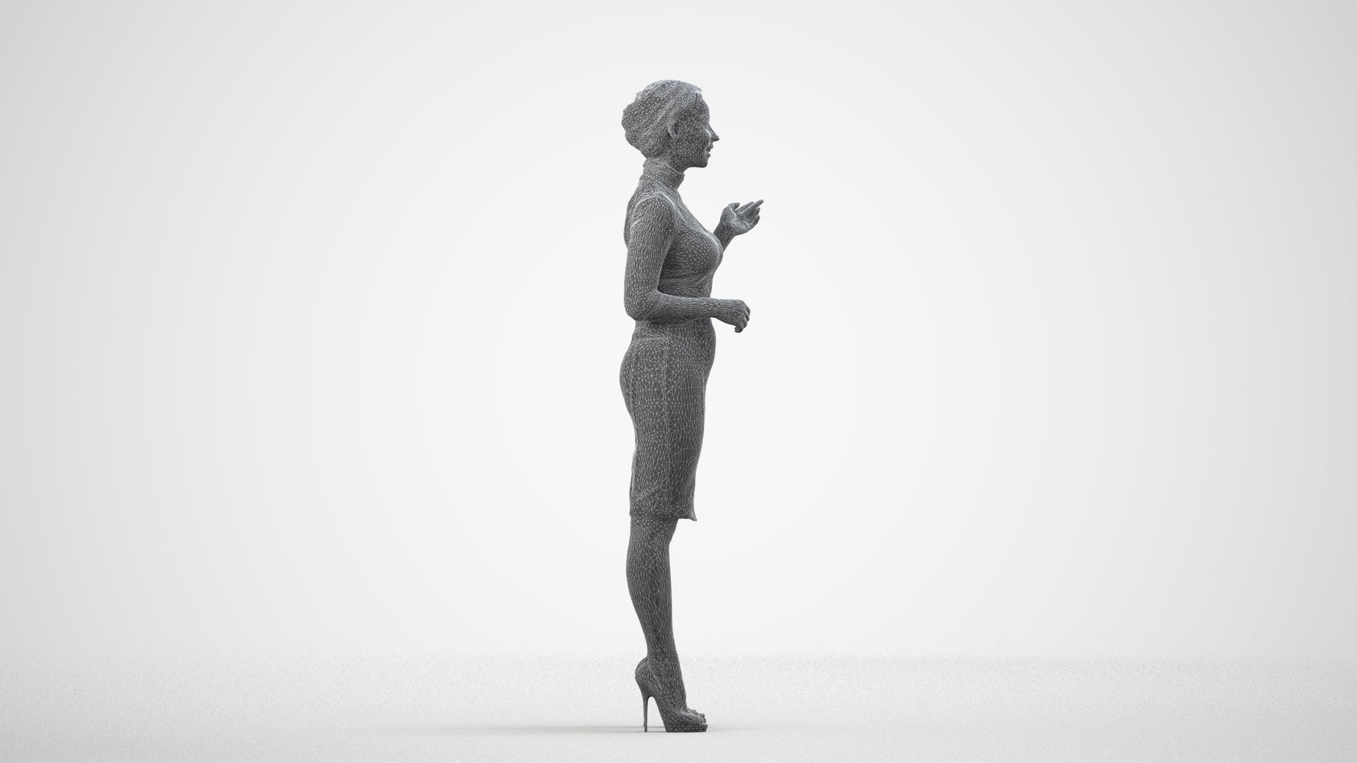 realistic 3D woman business, scanned archviz people for Blender and 3ds Max, wireframe side view