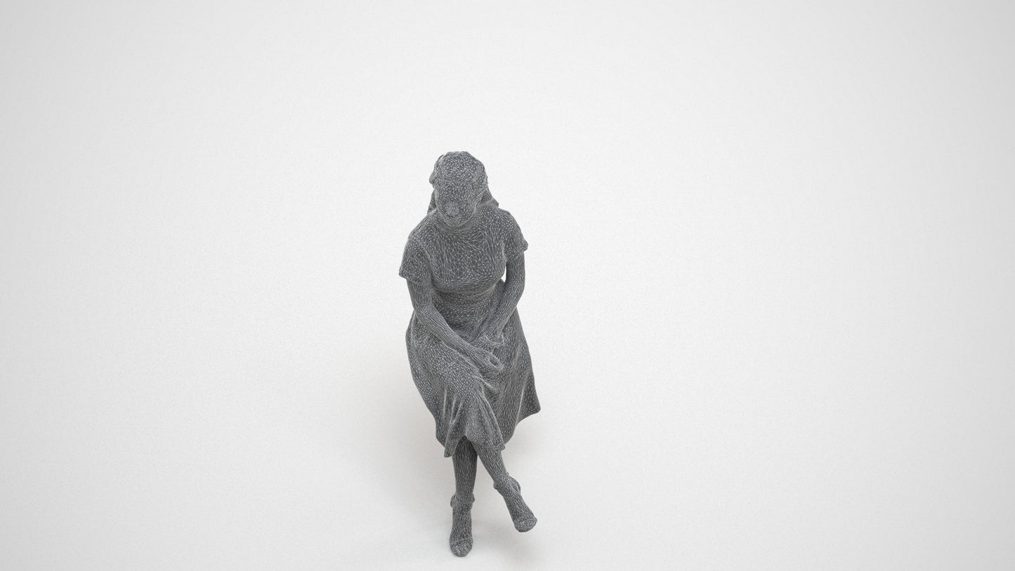 realistic 3D woman casual sitting, scanned archviz people for Blender and 3ds Max, wireframe three-quarter view