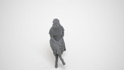 realistic 3D woman casual sitting, scanned archviz people for Blender and 3ds Max, wireframe three-quarter view