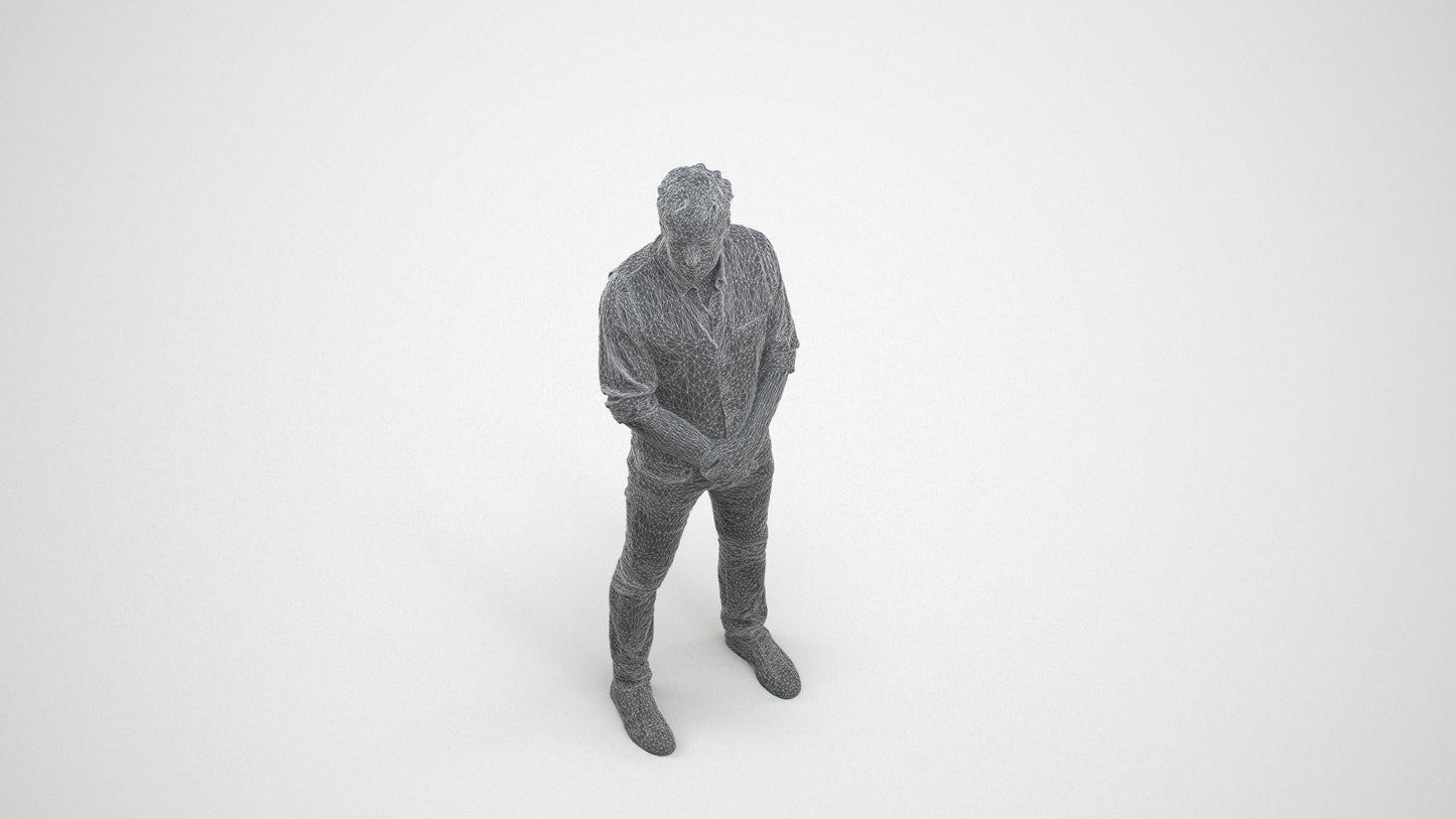 scanned 3D man casual standing, photogrammetry people for Enscape and V-Ray, wireframe three-quarter view