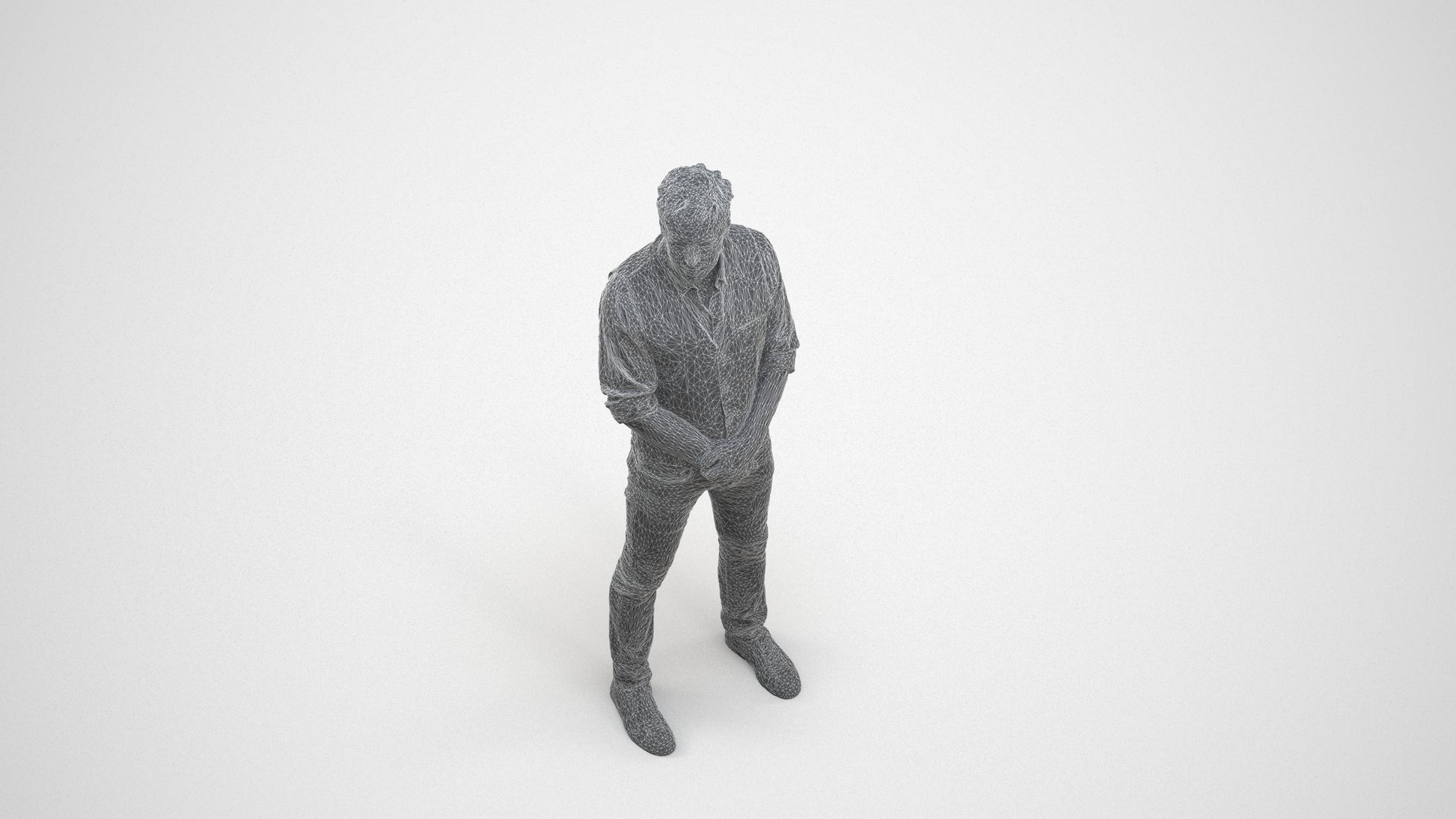 scanned 3D man casual standing, photogrammetry people for Enscape and V-Ray, wireframe three-quarter view