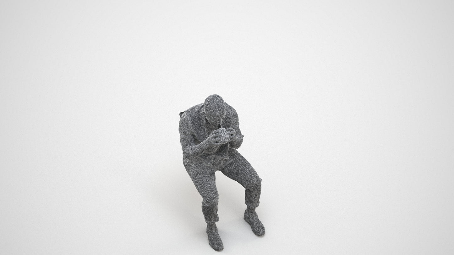 realistic 3D people man business sitting, render-ready for V-Ray and Corona, FBX OBJ, wireframe three-quarter view