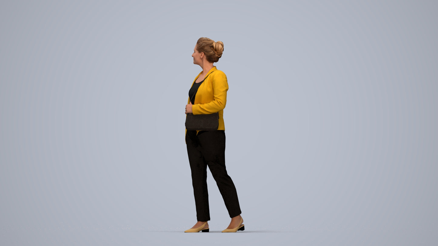 3D human model woman business walking, photogrammetry scanned person for archviz, top-down view render