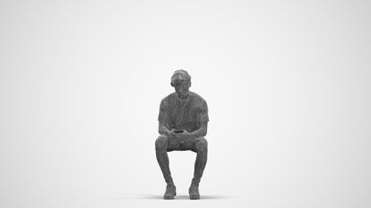 realistic 3D human man casual sitting, archviz people FBX OBJ for Blender, three-quarter front view render