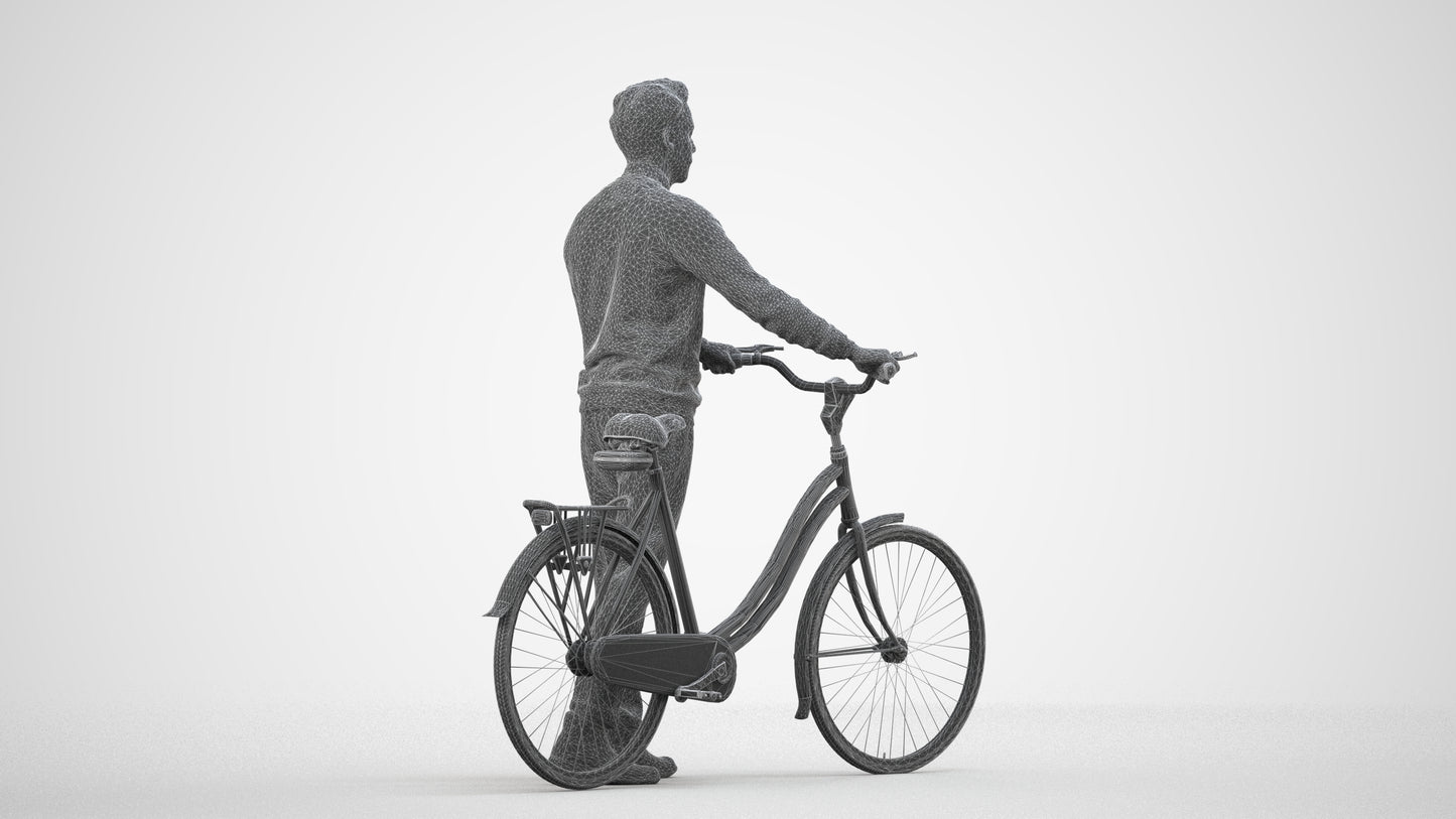 3D people model man casual cycling, scanned human for 3ds Max rendering, wireframe side view