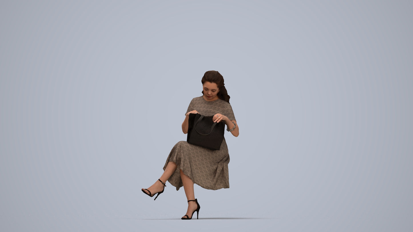 3D people model woman casual sitting, scanned human for 3ds Max rendering, top-down view render
