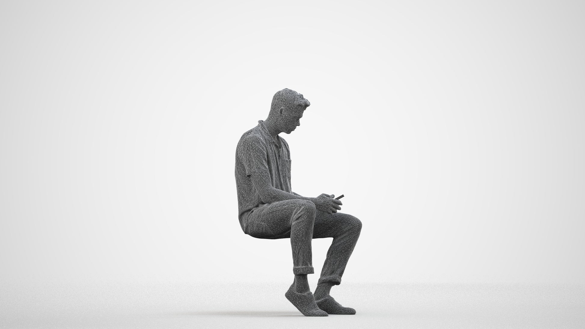 realistic 3D human man casual sitting, archviz people FBX OBJ for Blender, wireframe side view