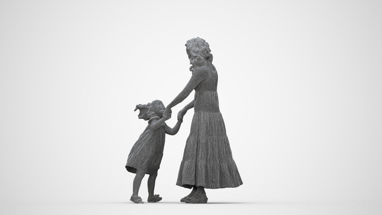 3D scanned girl kids casual, photorealistic archviz people for Enscape and SketchUp, wireframe back view