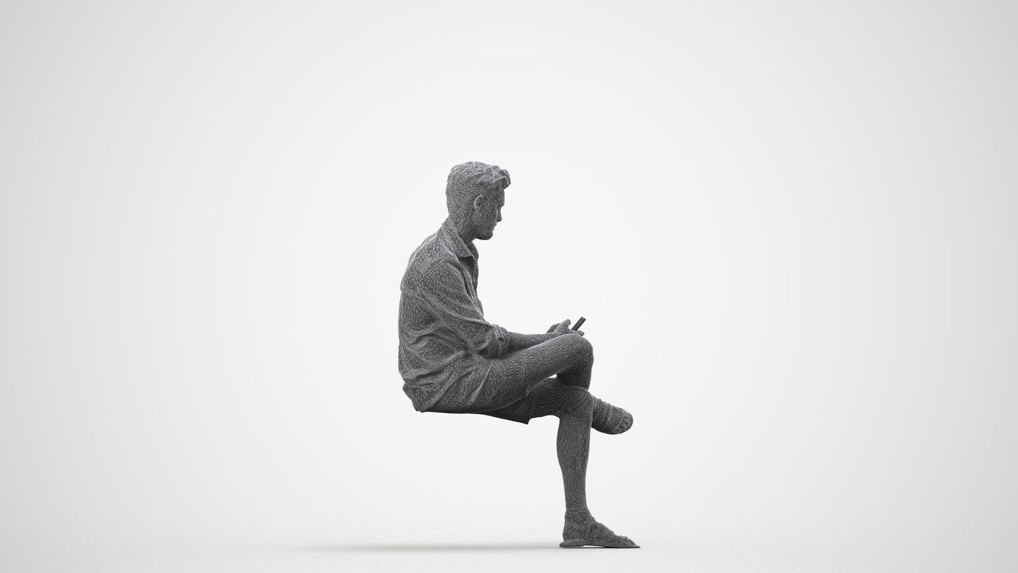 realistic 3D man casual sitting, scanned archviz people for Blender and 3ds Max, wireframe side view