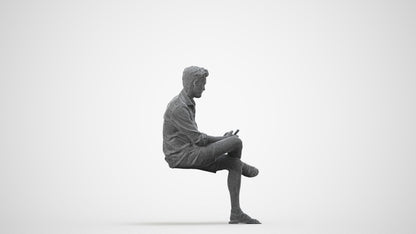 realistic 3D man casual sitting, scanned archviz people for Blender and 3ds Max, wireframe side view
