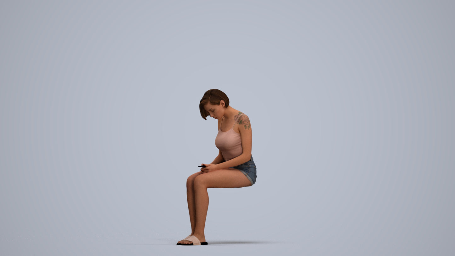 realistic 3D woman casual sitting, scanned archviz people for Blender and 3ds Max, standing pose render