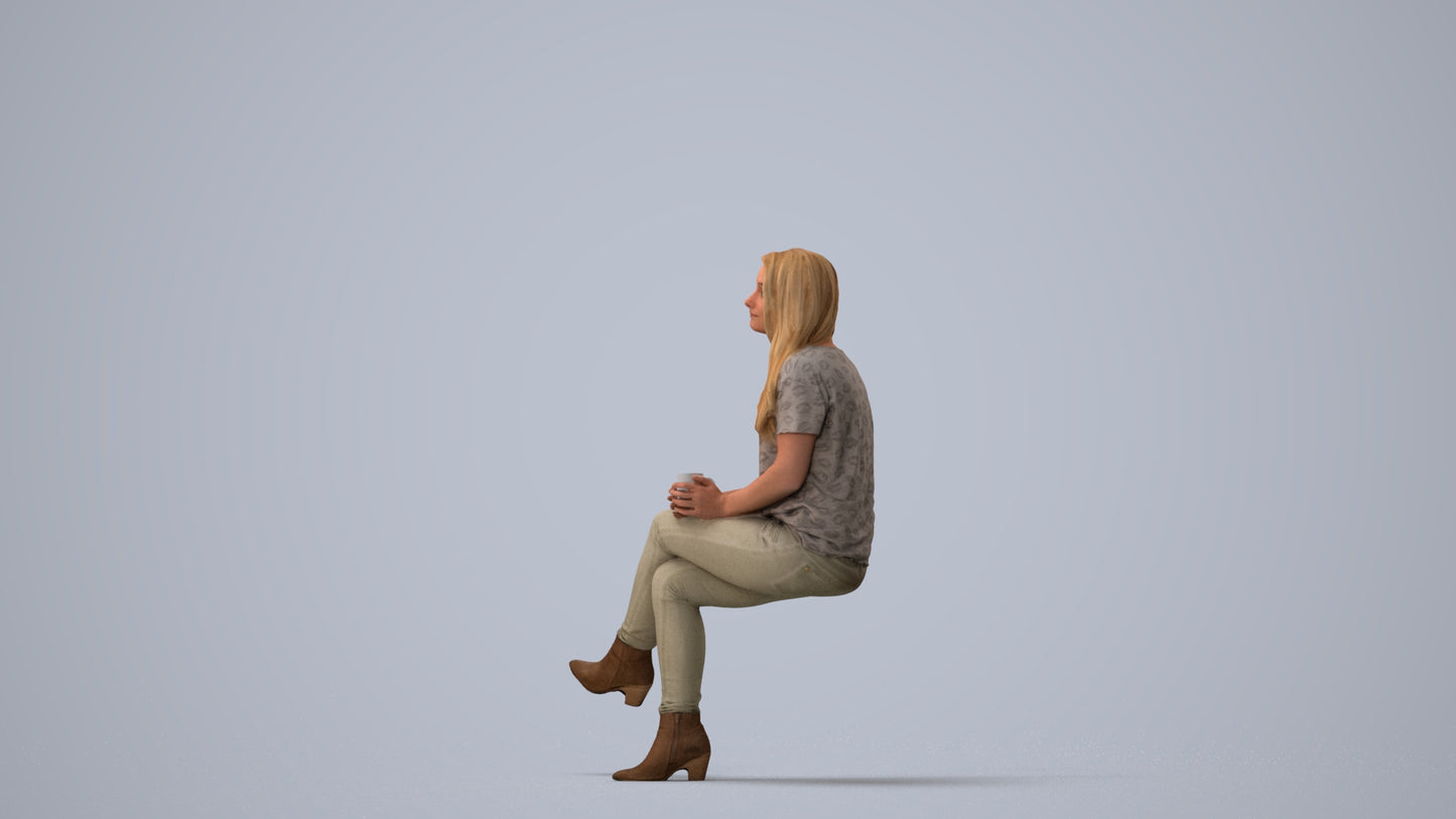 realistic 3D people woman casual sitting, render-ready for V-Ray and Corona, FBX OBJ, three-quarter view render