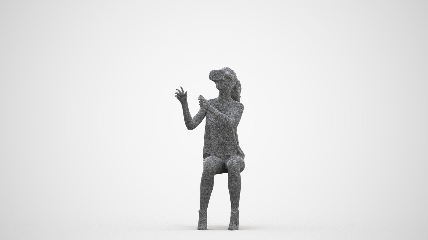 3D human model girl casual sitting, photogrammetry scanned person for archviz, three-quarter front view render