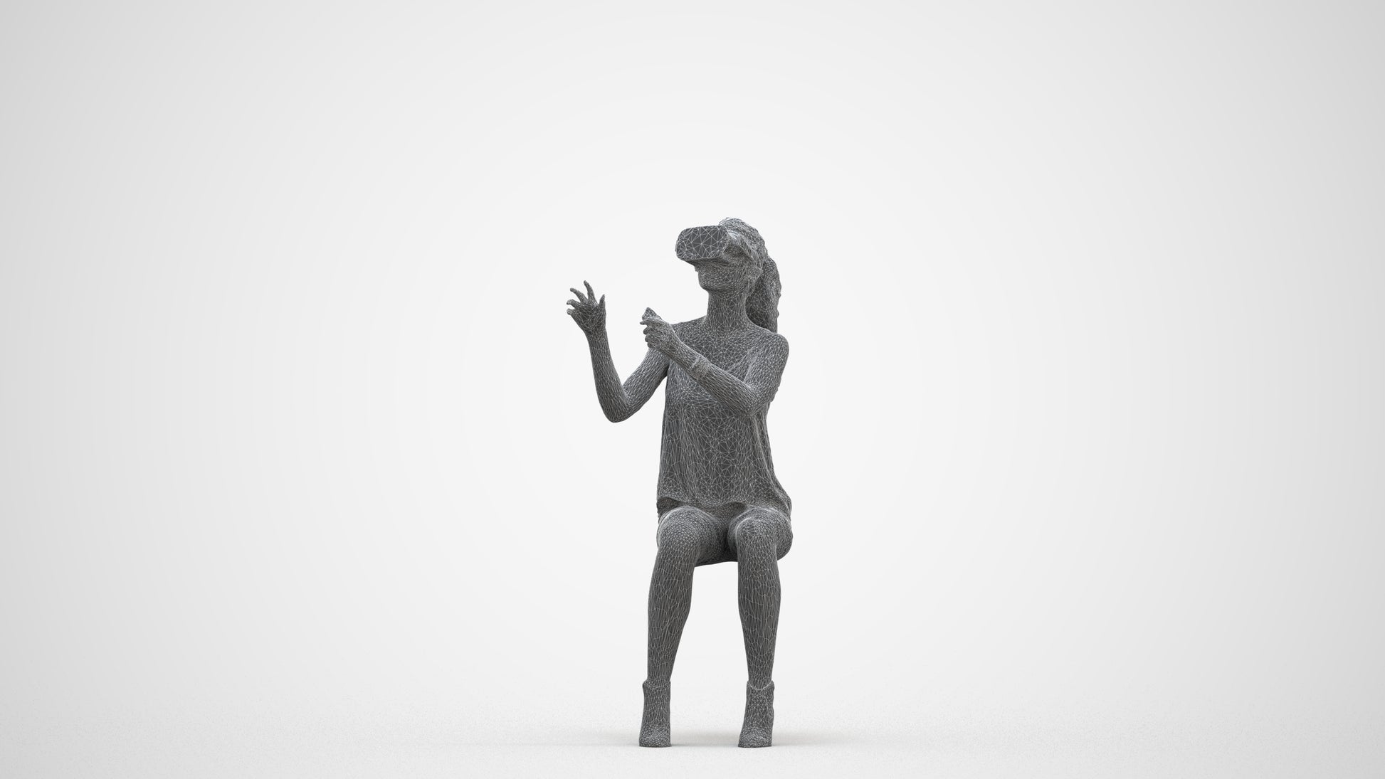 3D human model girl casual sitting, photogrammetry scanned person for archviz, three-quarter front view render