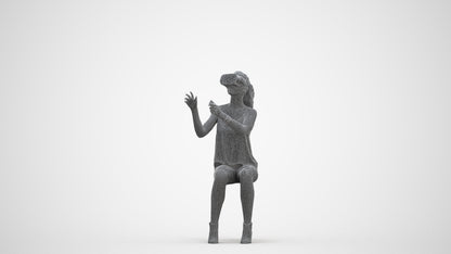 3D human model girl casual sitting, photogrammetry scanned person for archviz, three-quarter front view render