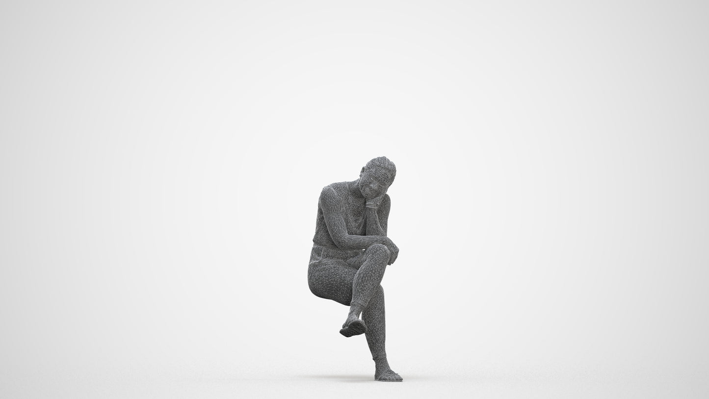 realistic 3D woman casual sitting, scanned archviz people for Blender and 3ds Max, three-quarter front view render