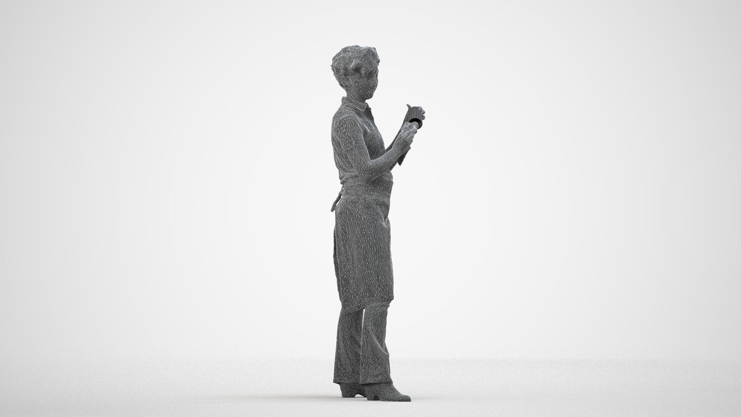 3D scanned woman hospitality, photorealistic archviz people for Enscape and SketchUp, wireframe side view