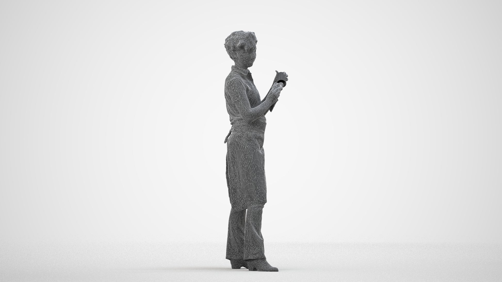 3D scanned woman hospitality, photorealistic archviz people for Enscape and SketchUp, wireframe side view