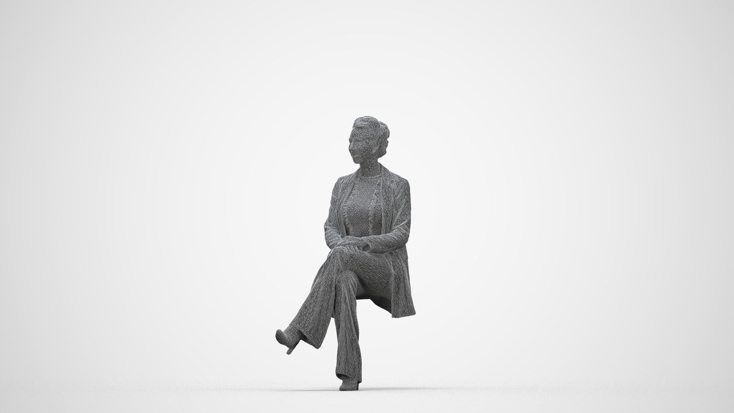 realistic 3D woman business sitting, scanned archviz people for Blender and 3ds Max, wireframe back view