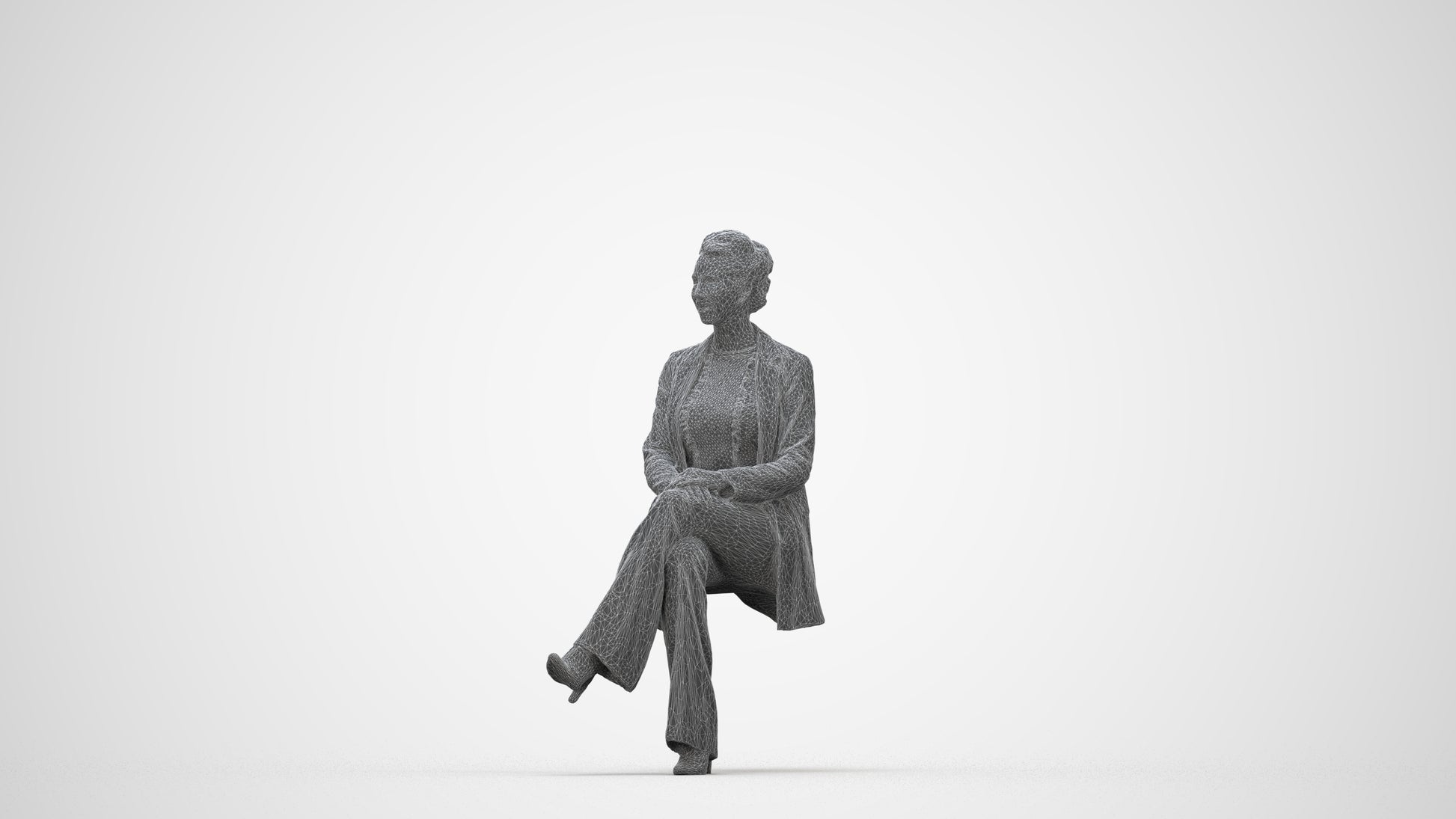 realistic 3D woman business sitting, scanned archviz people for Blender and 3ds Max, wireframe back view