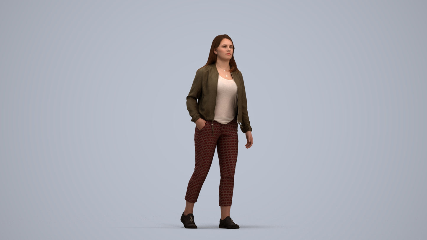 3D scanned woman walking casual, photorealistic archviz people for Enscape and SketchUp, standing pose render