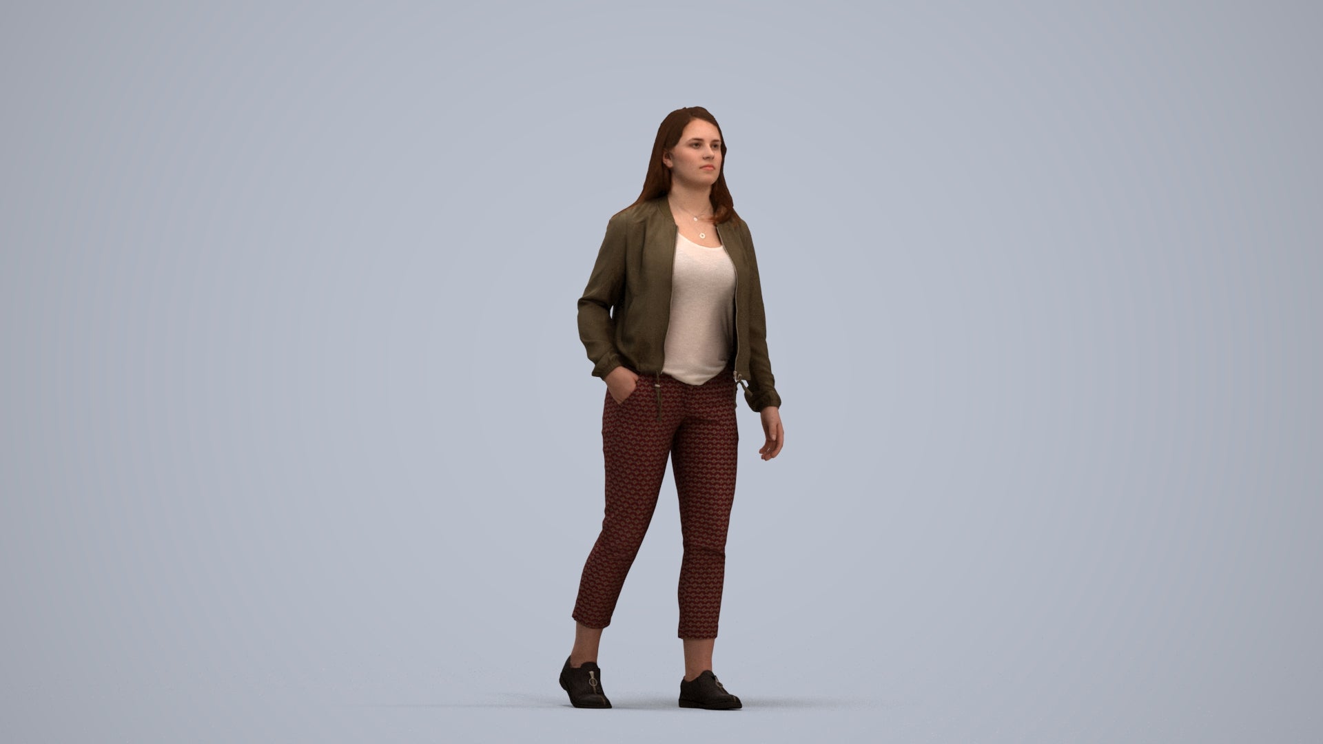 3D scanned woman walking casual, photorealistic archviz people for Enscape and SketchUp, standing pose render