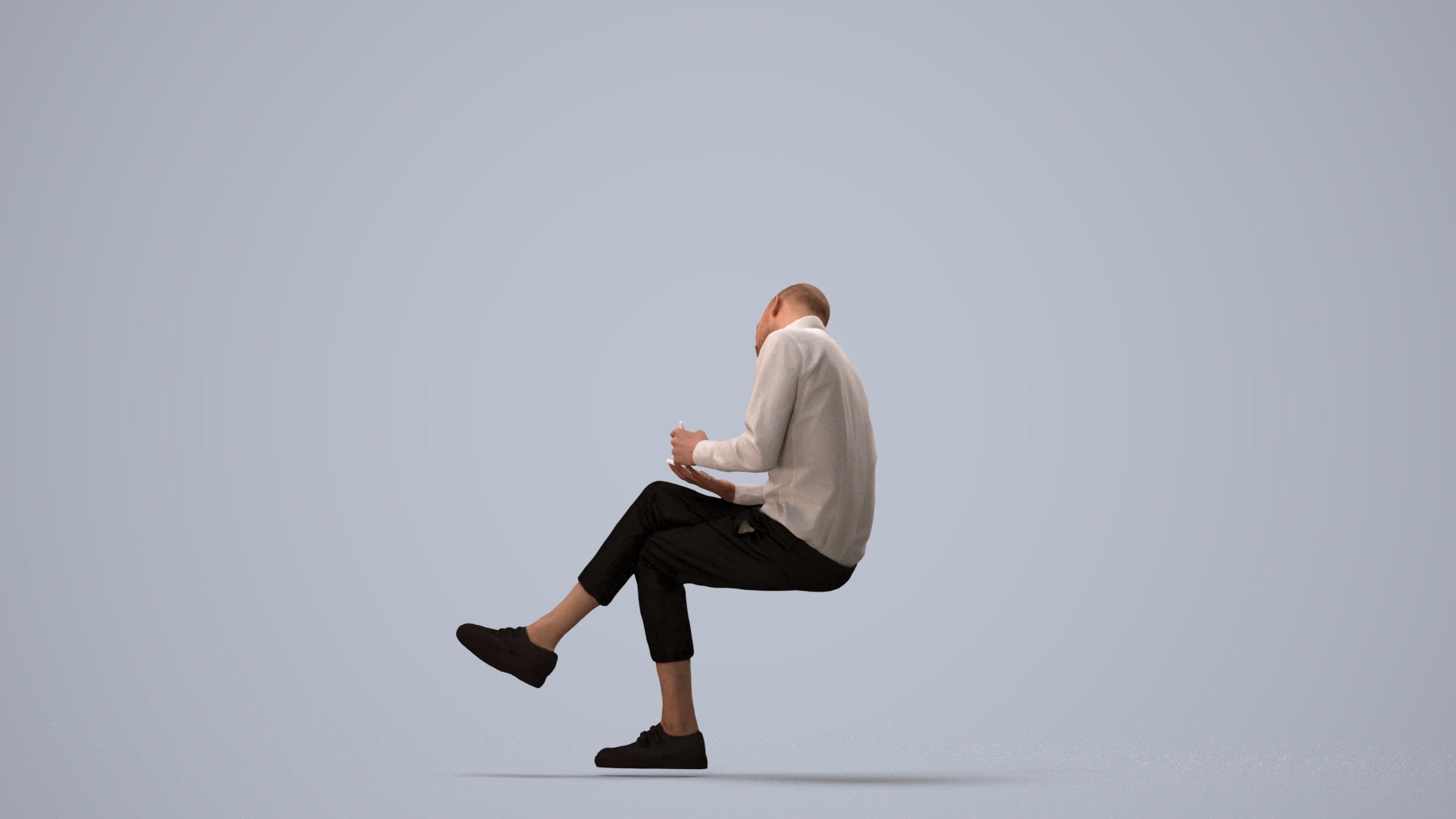 realistic 3D human man casual sitting, archviz people FBX OBJ for Blender, three-quarter view render