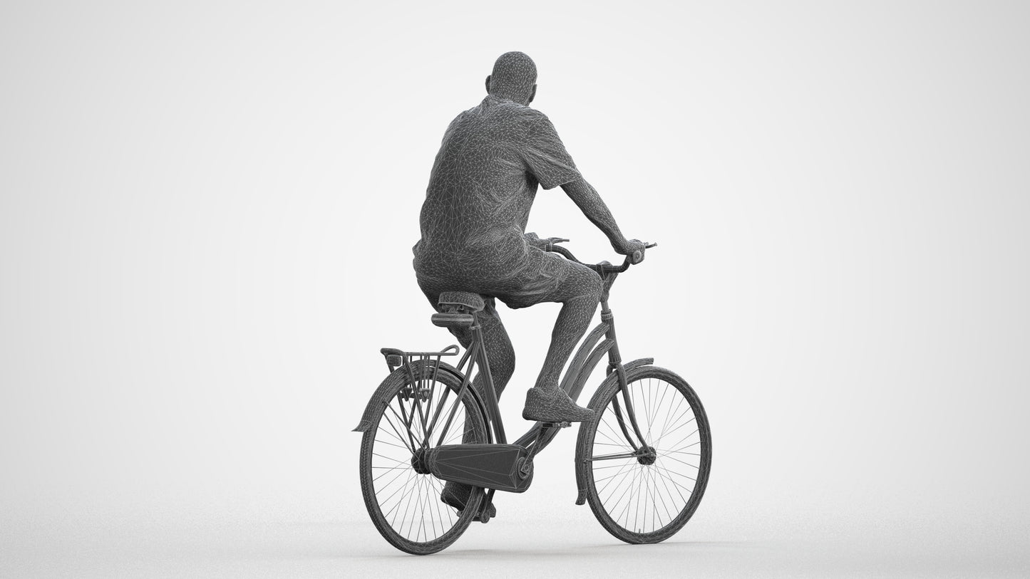 scanned 3D senior man casual cycling, photogrammetry people for Enscape and V-Ray, wireframe front view