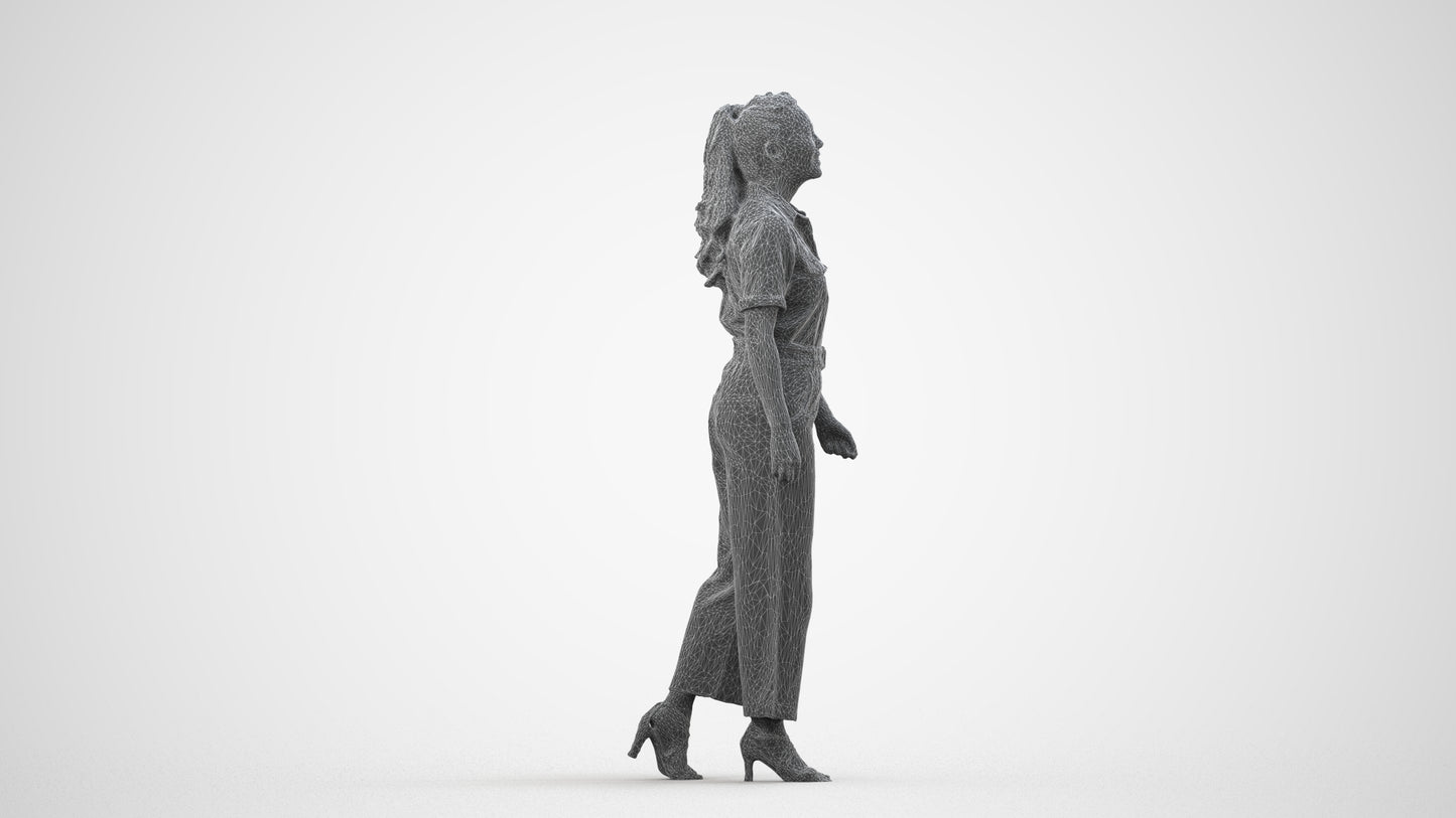 3D people model woman casual walking, scanned human for 3ds Max rendering, wireframe side view
