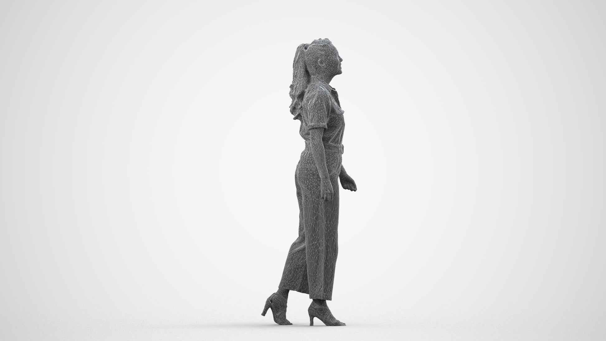 3D people model woman casual walking, scanned human for 3ds Max rendering, wireframe side view