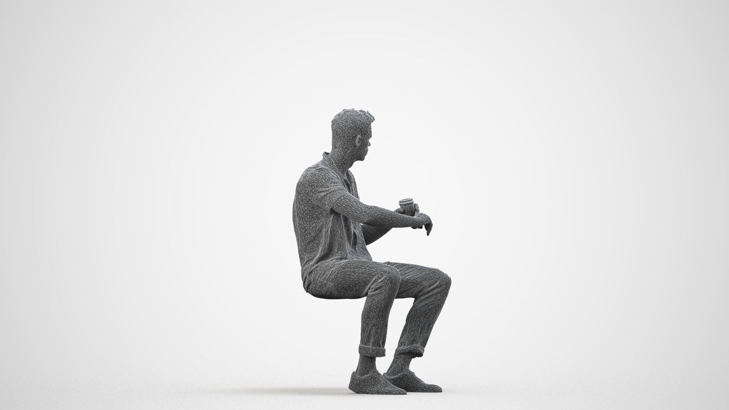 3D people model man casual sitting, scanned human for 3ds Max rendering, wireframe side view