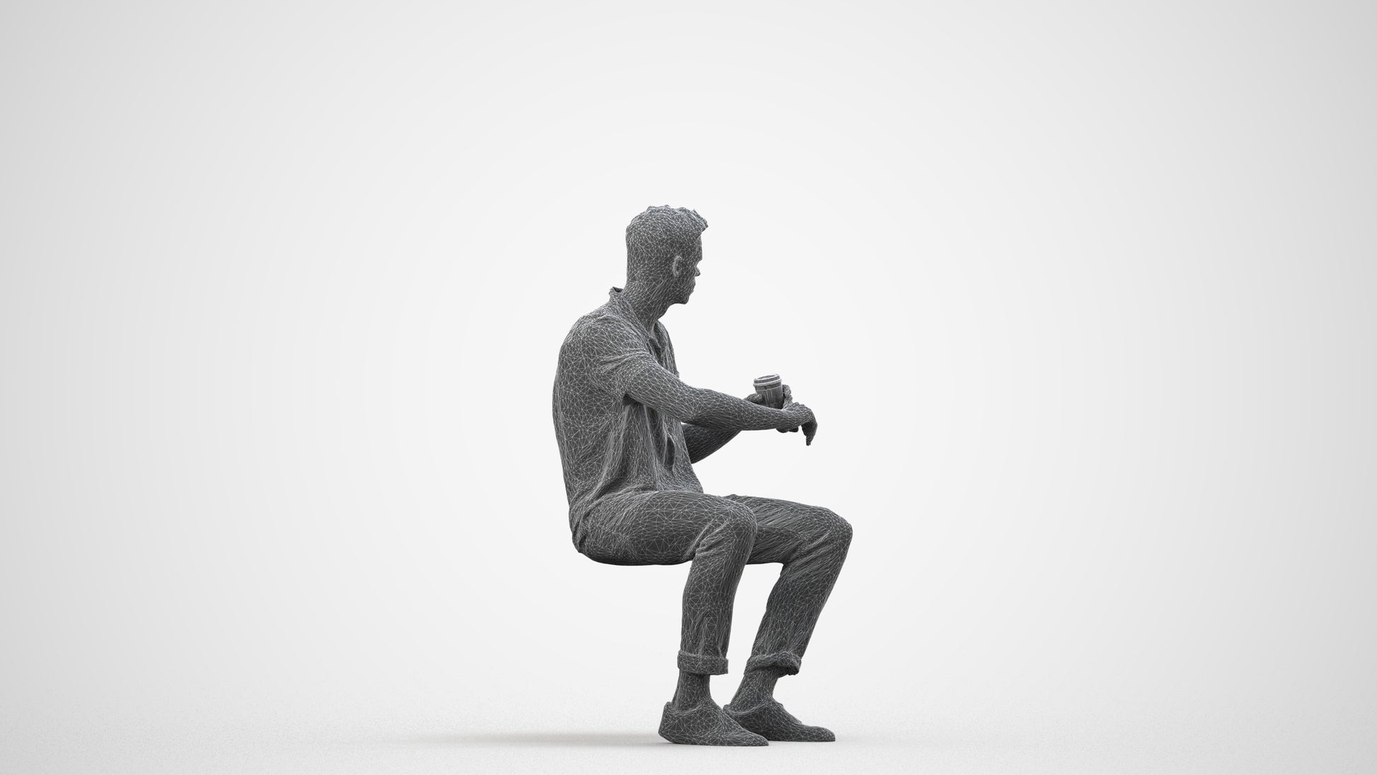 3D people model man casual sitting, scanned human for 3ds Max rendering, wireframe side view