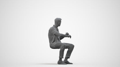 3D people model man casual sitting, scanned human for 3ds Max rendering, wireframe side view