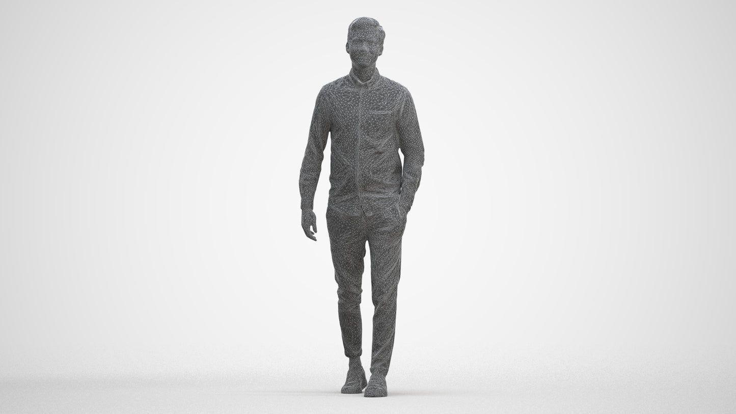 realistic 3D human man casual walking, archviz people FBX OBJ for Blender, three-quarter front view render