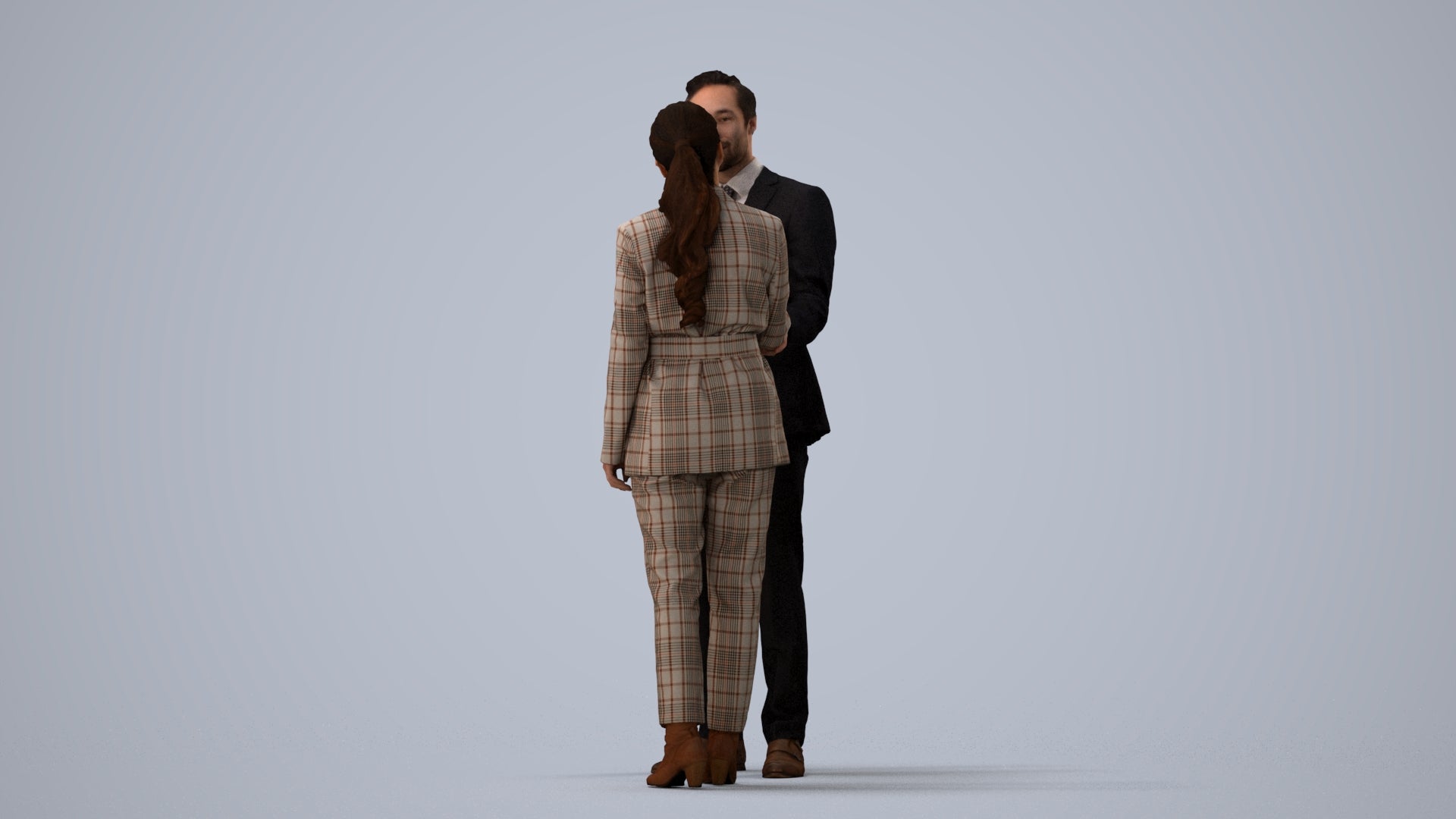 3D human model woman formal business, photogrammetry scanned person for archviz, three-quarter view render