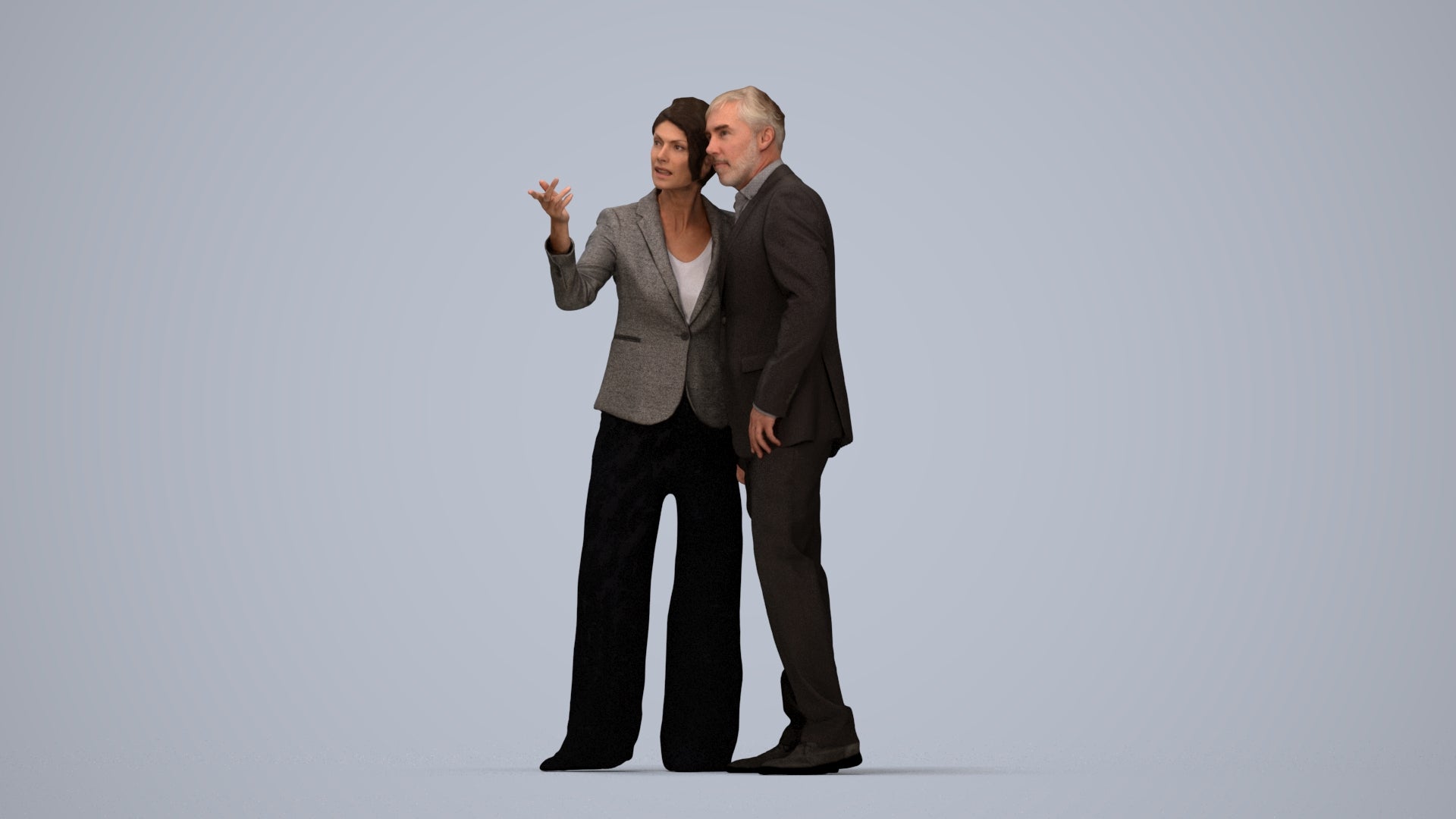 realistic 3D human woman formal couple, archviz people FBX OBJ for Blender, top-down view render