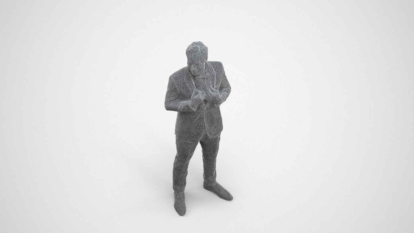 3D human model man formal formalaffairs, photogrammetry scanned person for archviz, wireframe three-quarter view