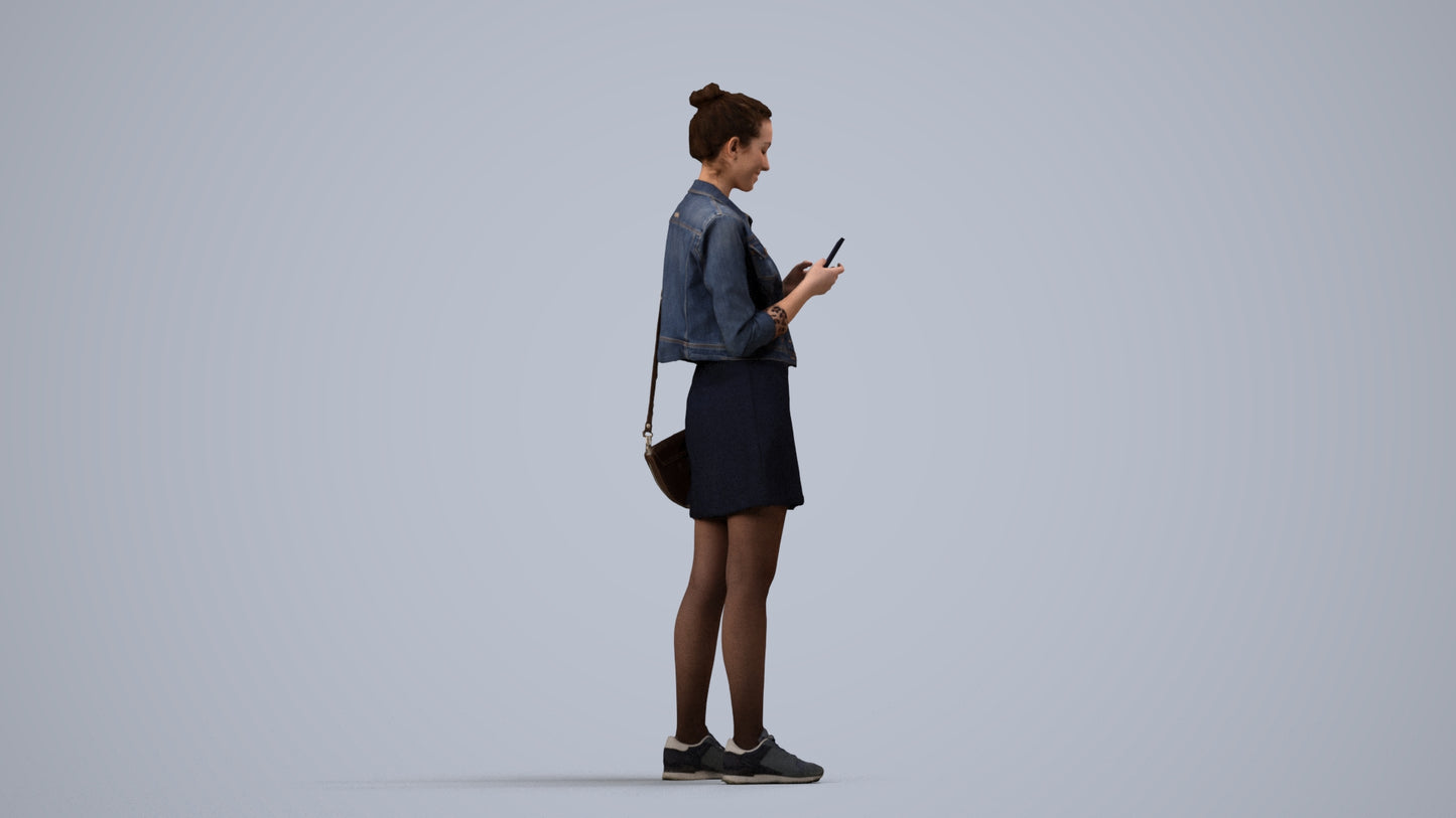3D human model woman casual standing, photogrammetry scanned person for archviz, side view render