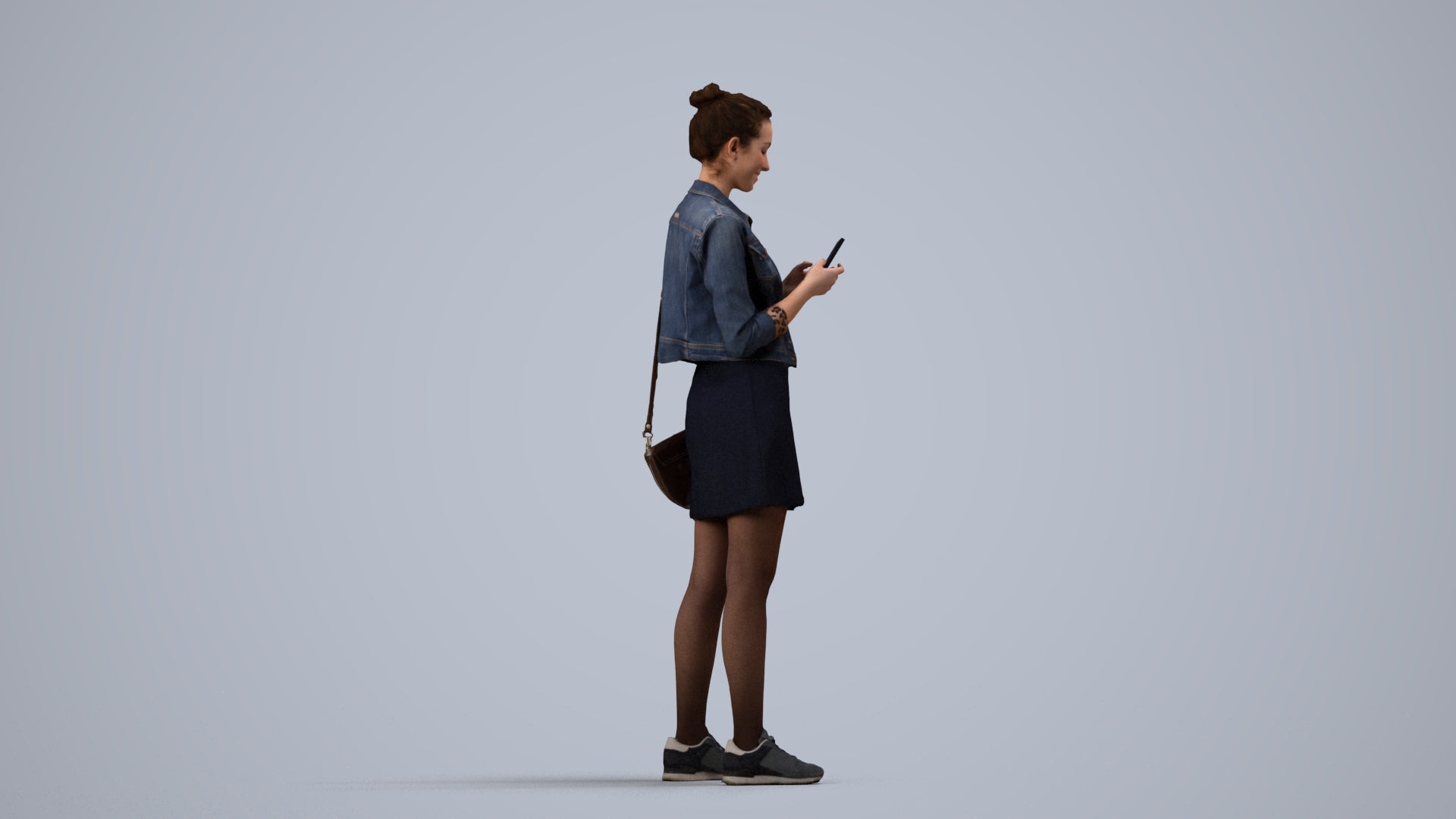 3D human model woman casual standing, photogrammetry scanned person for archviz, side view render