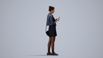 3D human model woman casual standing, photogrammetry scanned person for archviz, side view render