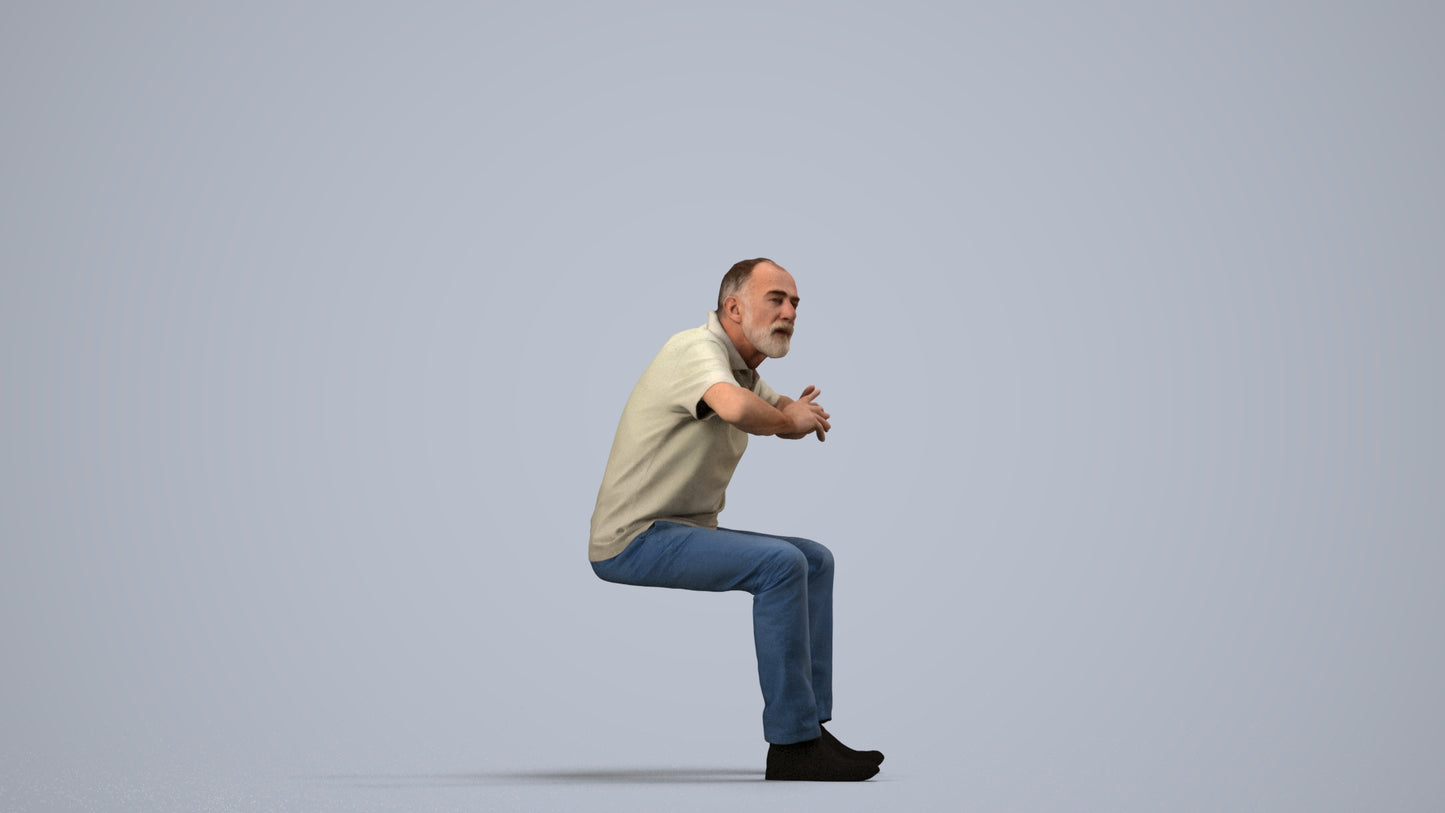 3D people model senior man casual sitting, scanned human for 3ds Max rendering, side view render