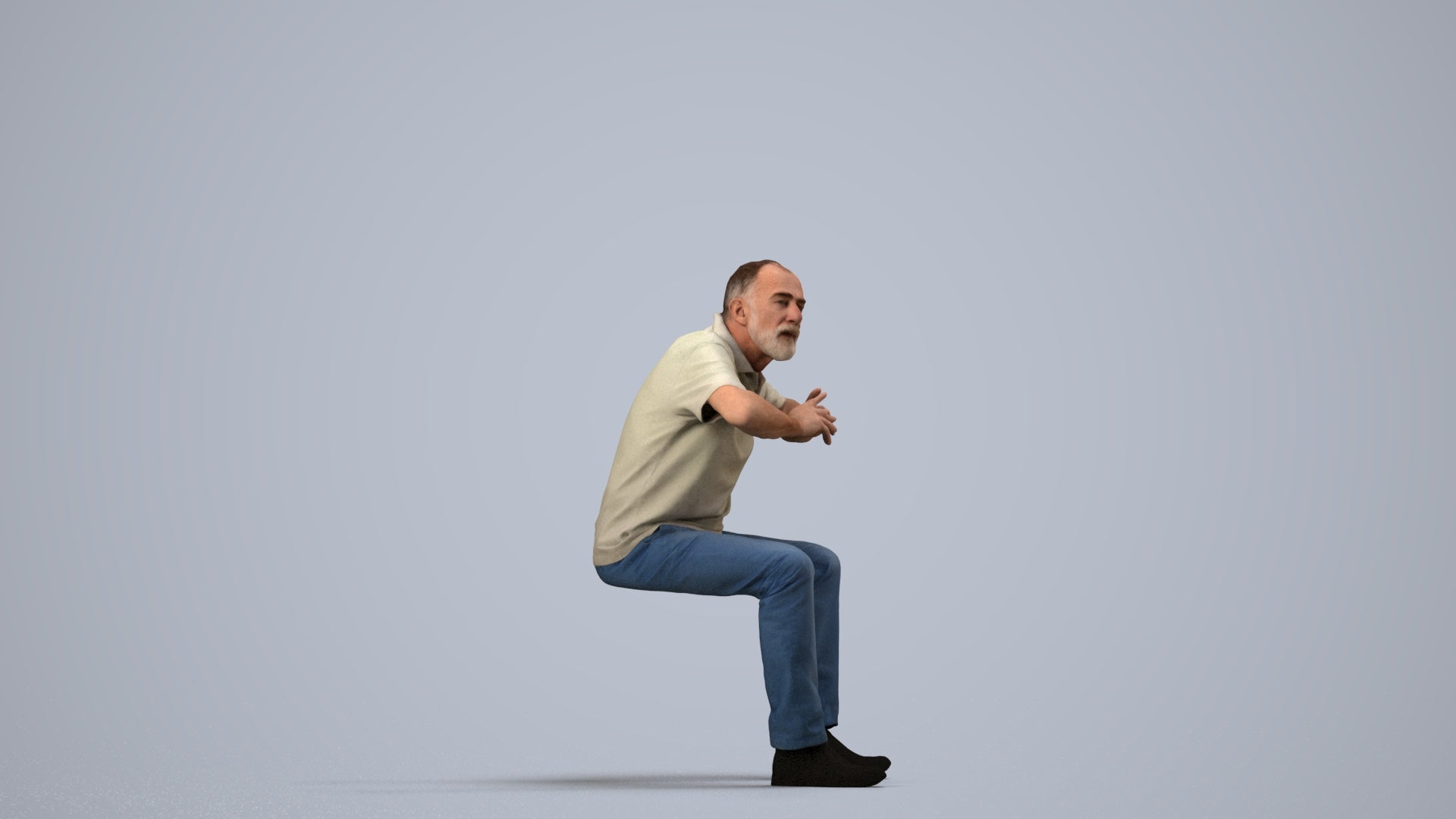 3D people model senior man casual sitting, scanned human for 3ds Max rendering, side view render
