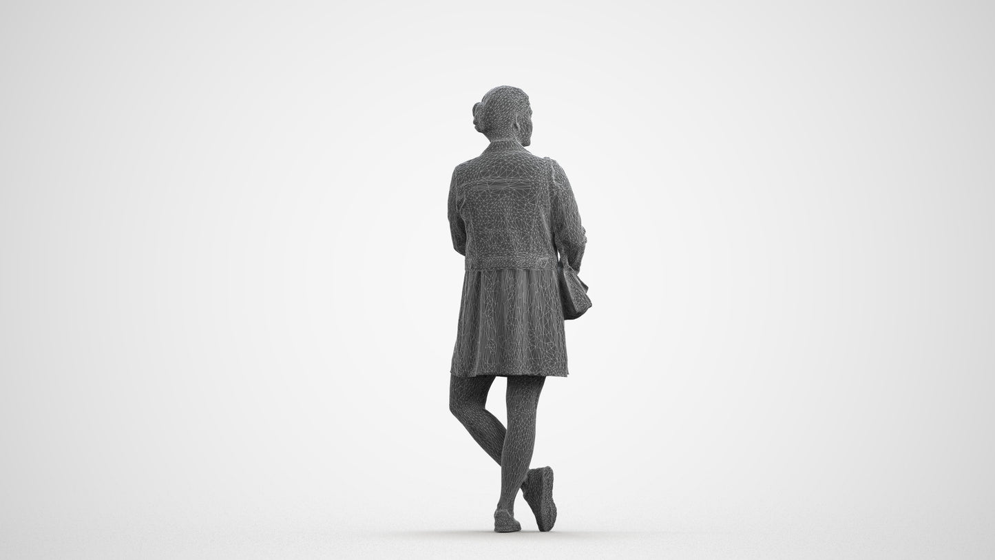 realistic 3D human woman casual standing, archviz people FBX OBJ for Blender, wireframe front view